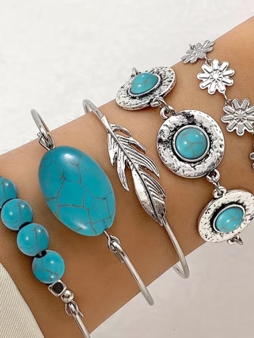 Turquoise Stone Silver-Accent Women’s Bracelet Set - Picture 1 of 1
